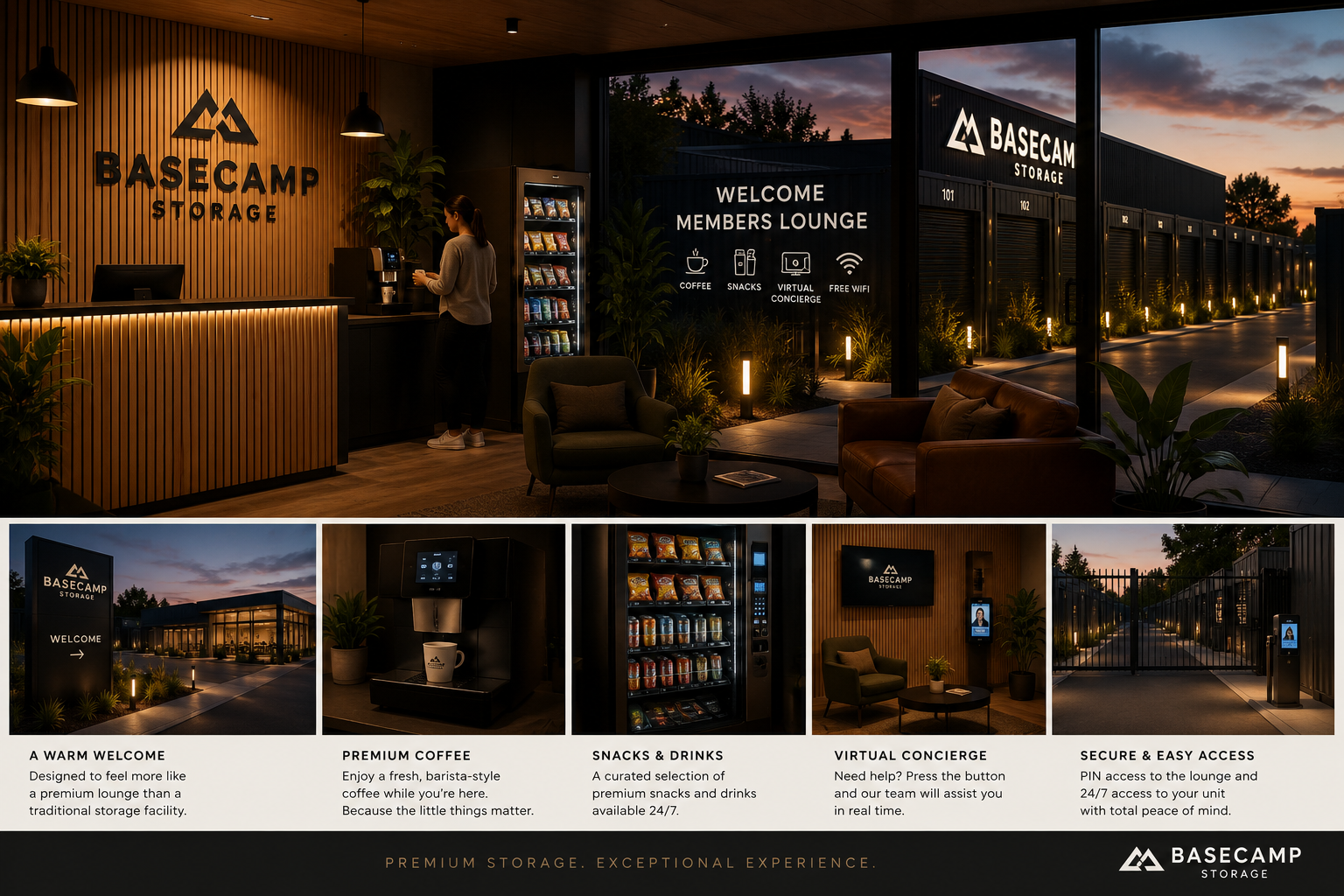 Concept visual showing the proposed Basecamp Welcome Lounge, landscaped entrance and storage units at dusk